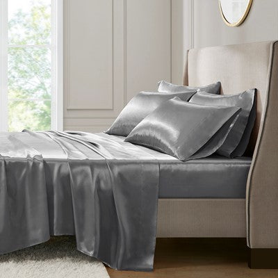 Madison Park Essentials Satin Luxury 6 PC Sheet Set in Grey, Cal King MPE20-771