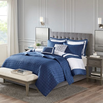 Madison Park Heritage 8 Piece Comforter and Coverlet Set Collection in Navy, Full / Queen MP10-6138