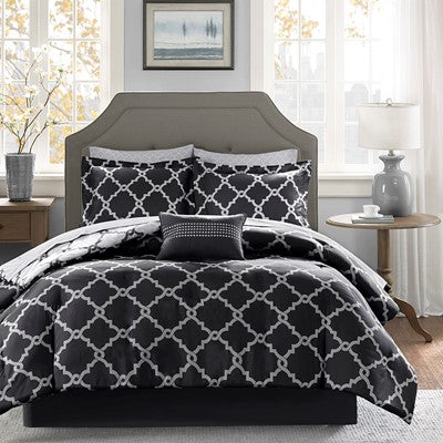 Madison Park Essentials Merritt Reversible Comforter Set with Cotton Bed Sheets in Black, Cal King MPE10-123