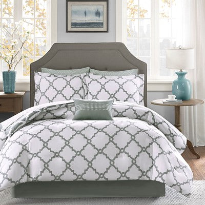 Madison Park Essentials Merritt Reversible Comforter Set with Cotton Bed Sheets in Grey, King MPE10-087
