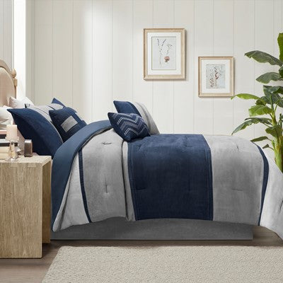 Madison Park Palisades 7 Piece Faux Suede Comforter Set in Blue, King MP10-1317