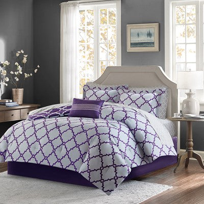 Madison Park Essentials Merritt Reversible Comforter Set with Cotton Bed Sheets in Purple / Grey, Queen MPE10-266