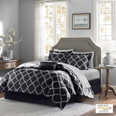 Madison Park Essentials Merritt Reversible Comforter Set with Cotton Bed Sheets in Black, Full MPE10-120