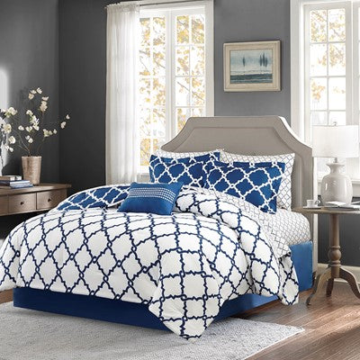 Madison Park Essentials Merritt Reversible Comforter Set with Cotton Bed Sheets in Navy, Cal King MPE10-093