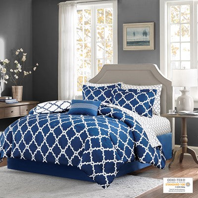 Madison Park Essentials Merritt Reversible Comforter Set with Cotton Bed Sheets in Navy, Full MPE10-090
