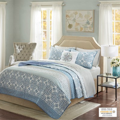 Madison Park Essentials Sybil Coverlet Set with Cotton Bed Sheets in Blue, King MPE13-511