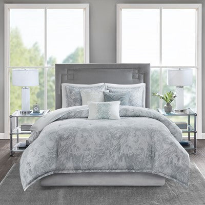 Madison Park Emory 7 Piece Cotton Sateen Comforter Set in Grey, King MP10-5530