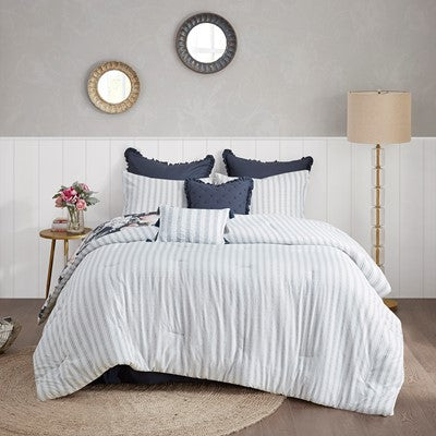 Madison Park Mavis 8 Piece Cotton Printed Reversible Comforter Set in Dark Blue, King MP10-6585