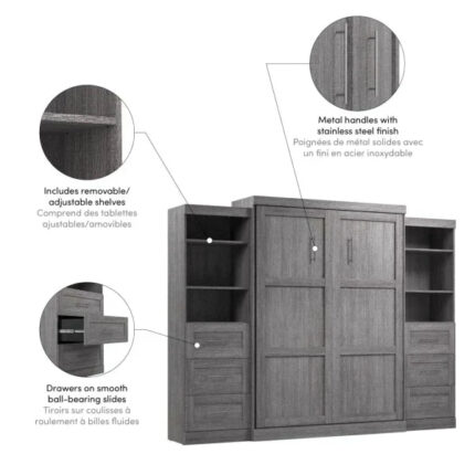 Bestar Pur Queen Murphy Bed and 2 Storage Units with Drawers (115W) in bark grey