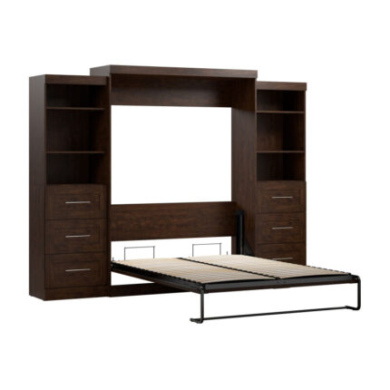 Bestar Pur Queen Murphy Bed and 2 Storage Units with Drawers (115W) in chocolate