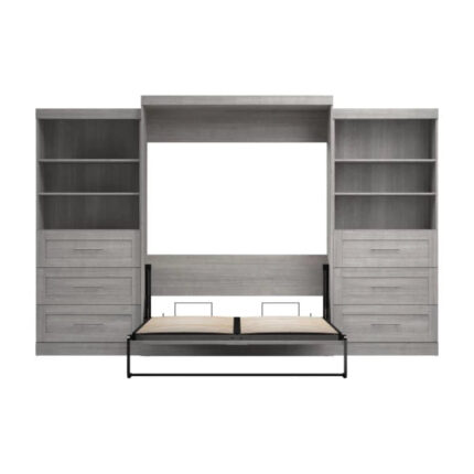 Bestar Pur Queen Murphy Bed and 2 Shelving Units with Drawers (136W) in Platinum Gray