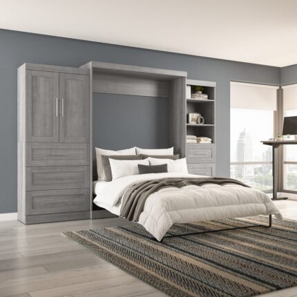 Bestar Pur Queen Murphy Bed with Open and Concealed Storage (126W) in Platinum Gray